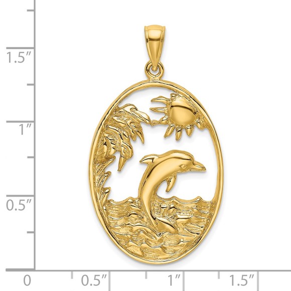14k Yellow Gold Dolphin Nautical Jumping in Ocean Scene Necklace Charm Pendant - Picture 3 of 4